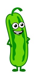 Cartoon illustration of a smiling green cucumber character with big eyes, arms akimbo, standing upright against a white background.