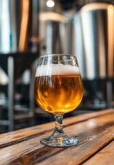 Close up shot of a transparent glass filled with amber colored craft beer sitting on a wooden table with a blurred background  The beer has a frothy