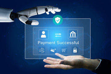 AI confirms secure payment transaction, verifying user identity, processing order, and authorizing completed digital payment within trusted financial systems. Vouch