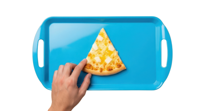 Top View Product Shot: Hand Grabbing Plain Cheese Pizza Slice on Bright Blue Plastic Tray