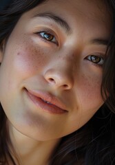 Thoughtful and pensive young Asian woman portrait with natural makeup and elegant professional look  Close up headshot in simple clean studio lighting