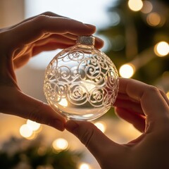 Hands gently holding a delicate clear glass Christmas ornament with an intricate swirl pattern against a background of festive bokeh lights.