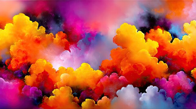 An abstract background featuring swirling clouds of smoke or ink in vivid shades of orange, yellow, pink, and purple, creating a dynamic and colorful visual eff