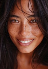 Captivating portrait of a smiling young woman with glowing natural beauty radiating a sense of happiness warmth and authenticity  Her fresh