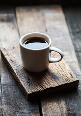 Cozy morning coffee break with a steaming hot cup of coffee placed on a rustic wooden table  The warm beverage creates a sense of tranquility and comfort