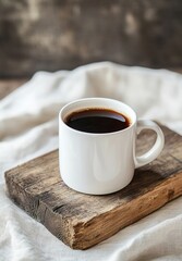 Cozy coffee cup on a rustic wooden tray in a comfortable cafe setting  Steam rises from the hot dark beverage creating a warm inviting atmosphere