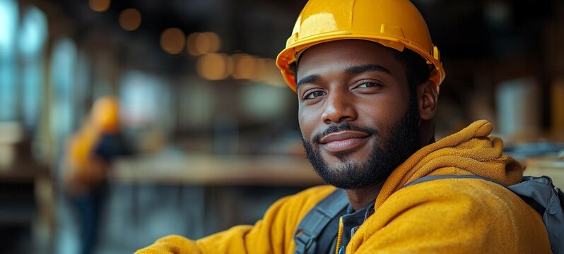 Portrait of a construction worker wearing a protective yellow hardhat and jacket standing in front of an industrial warehouse or workshop setting - Powered by Adobe