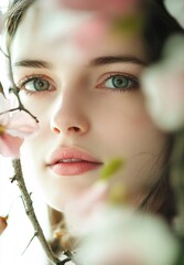 Close up portrait of a charming young woman with striking green eyes surrounded by soft natural foliage conveying a sense of serenity and gentle elegance