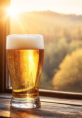A refreshing glass of golden beer with fluffy white foam set against a picturesque mountain landscape in the background