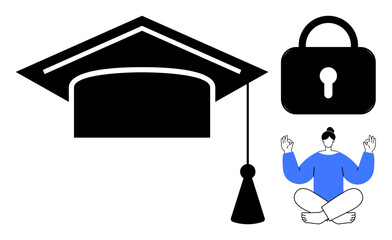 Graduation cap, lock symbol for security, and meditating person representing education, safety, and mental balance. Ideal for learning, mindfulness, security, academic growth protection