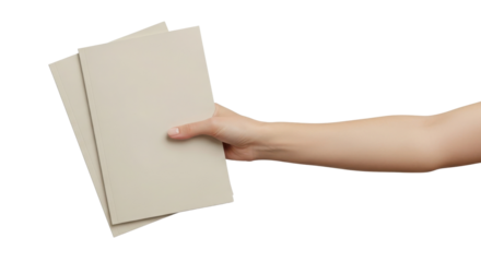 Hand holding and handing over two blank gray documents or booklets isolated on white