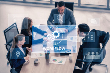 Workflow optimization concept featuring interconnected gears, task management, collaboration,...