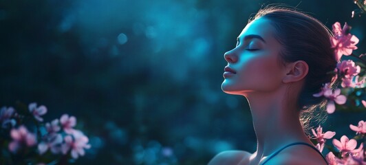 Captivating portrait of a young alluring woman with a pensive serene expression set against a backdrop of blooming flowers and a dark moody night sky  The ethereal