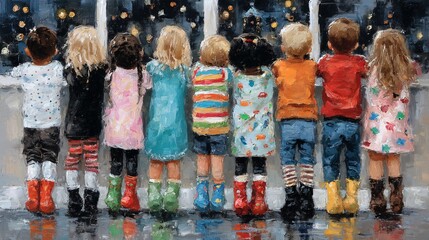 Children Watching City Lights at Night from a Cozy Interior