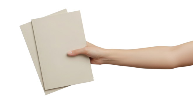 Hand holding and handing over two blank gray documents or booklets isolated on white