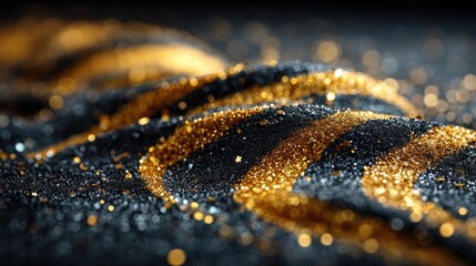 A close-up view of a textured surface with shimmering gold and dark streaks, showcasing a captivating interplay of light and shadow.