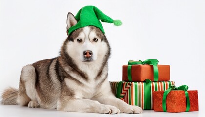siberian husky with green elf hat sitting next to christmas gifts on white background