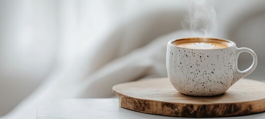 Steaming hot coffee or espresso cup placed on a rustic wooden table in a cozy serene workspace  The steam rising from the ceramic mug creates a comforting and inviting ambiance