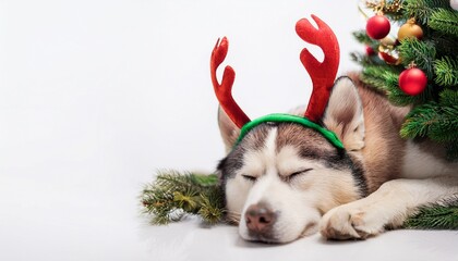 siberian husky with antlers headban sleeping under christmas tree