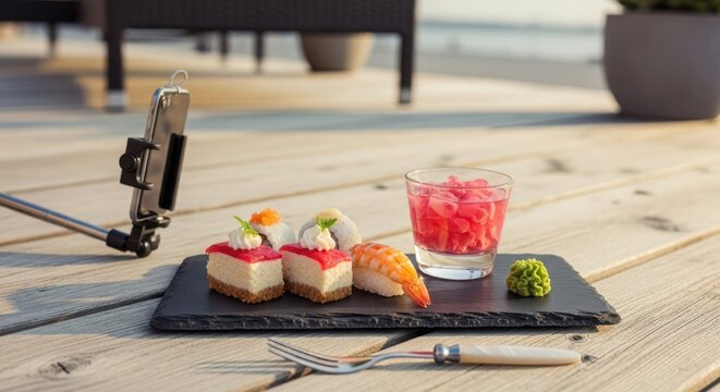 Japaneese cheesecake gourmet dessert and sushi presentation on a dark slate board outdoors on a wooden deck, being photographed by a smartphone mounted on a selfie stick at sunset - Powered by Adobe