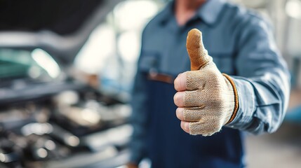 Car Mechanic Showing Thumbs Up in Garage with Vehicle Repair