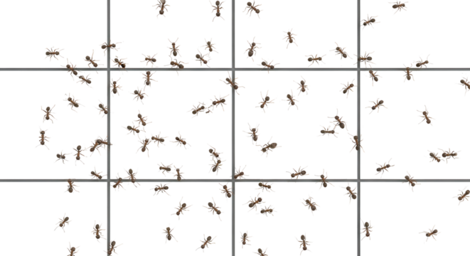 Many small brown ants scattered randomly on white grid background vector illustration