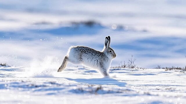 Snowy hare running in winter landscape