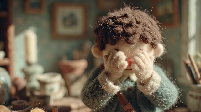 Textile puppet covers eyes in soft lighting