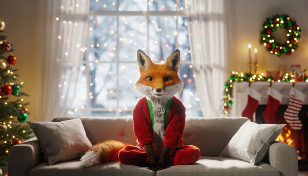 Adorably realistic fox in red Christmas pajamas sitting on a couch in a decorated holiday living room. Soft fairy lights behind, stockings on the fireplace, green&ndash;red ornaments, and a warm cozy ambien