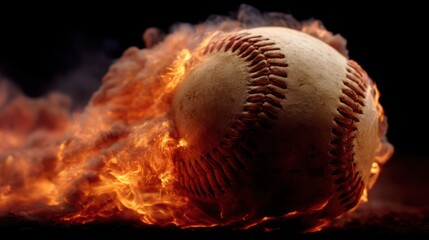 A baseball engulfed in flames, showcasing dramatic fire and smoke against a dark background.
