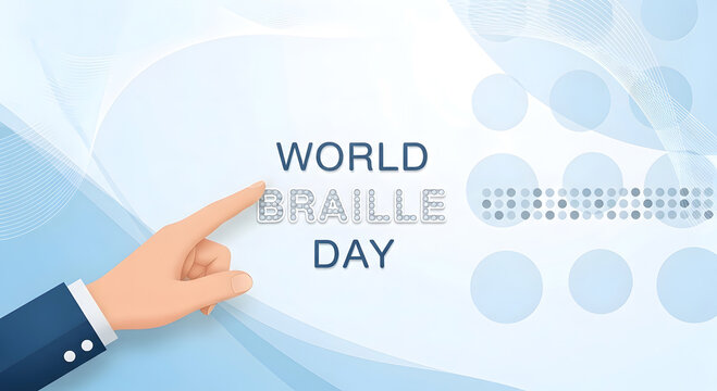 Finger pointing to world braille day text with abstract blue background and dots