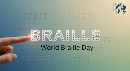 Finger touching braille text on world braille day celebrating literacy for the visually impaired