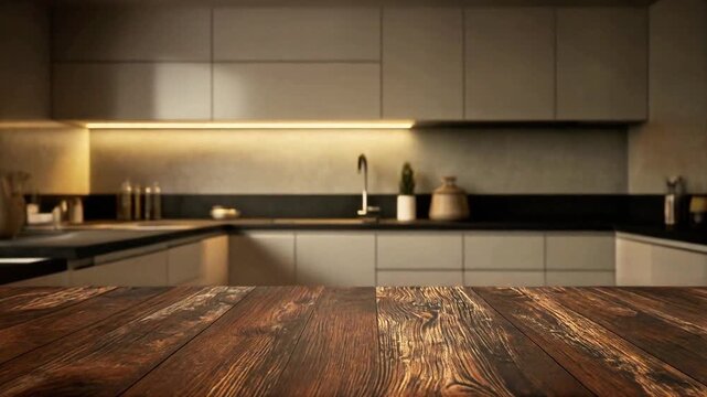 Empty Dark Wooden Table Top with Blurred Modern Kitchen Background for Product Display
