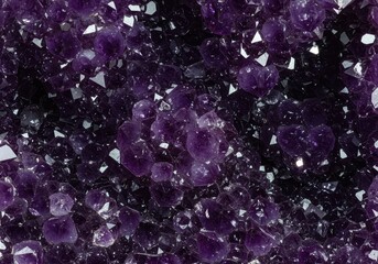 Close up texture shot of a large geode filled with sparkling deep purple amethyst crystals showing high gloss reflection ,reflection ,magenta ,luminous