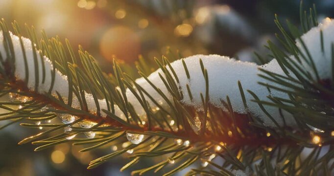 Close-up shot of a snow-covered pine tree branch with glistening water droplets and blurred bokeh lights in the background, evoking a serene winter atmosphere