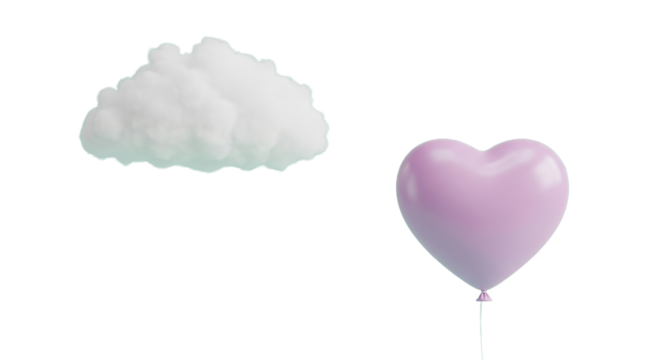 Isolated Fluffy 3D Rendered White Cloud and Glossy Purple Heart Balloon on White Background