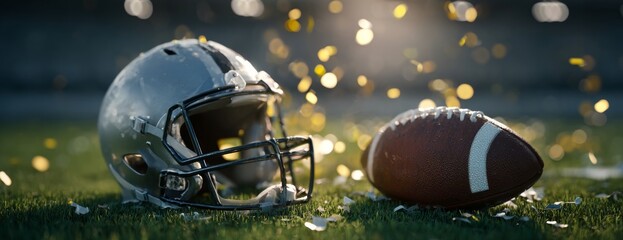 American football helmet and ball on field with sunlight backdrop  