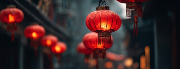 Red Chinese lanterns hanging in alleyway with dim atmosphere at night  