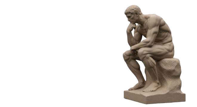 Classic The Thinker sculpture isolated on white background with large copy space