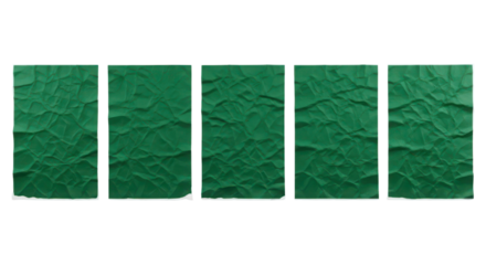 Set of five vertical crumpled dark green paper posters isolated on white background