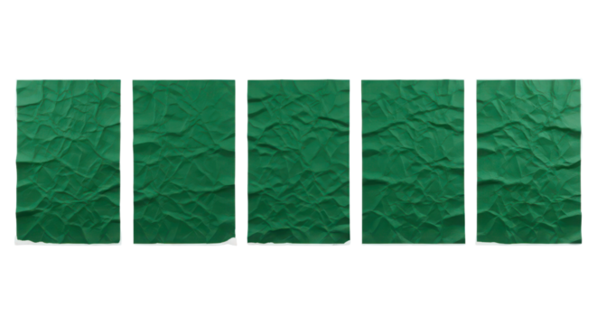 Set of five vertical crumpled dark green paper posters isolated on white background