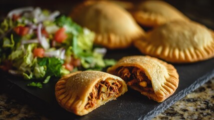 Homemade stuffed chicken empanadas with golden crispy pastry, savory seasoned chicken filling, freshly baked traditional latin american snack food on rustic kitchen table
