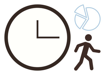 Clock representing time, pie chart symbolizing tasks, and walking figure for action. Ideal for productivity, teamwork, organization, time tracking, scheduling planning personal efficiency. Simple