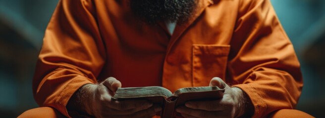Man in orange jumpsuit reading bible, close-up photo