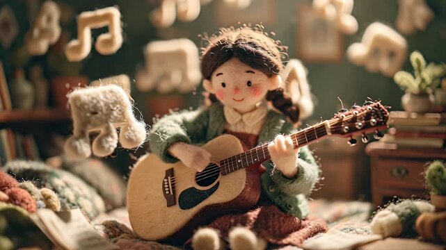 Doll playing guitar with musical notes and soft lighting
