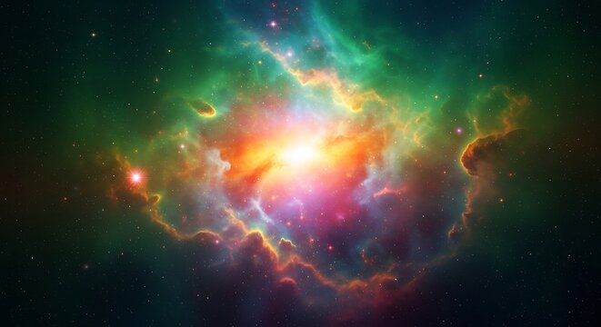 Vibrant and colorful cosmic nebula with brilliant glowing gas clouds, sparkling stars, and a luminous central core, depicting the majesty of deep space.