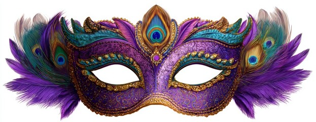 Colorful Mardi Gras mask with feathers on plain white background  