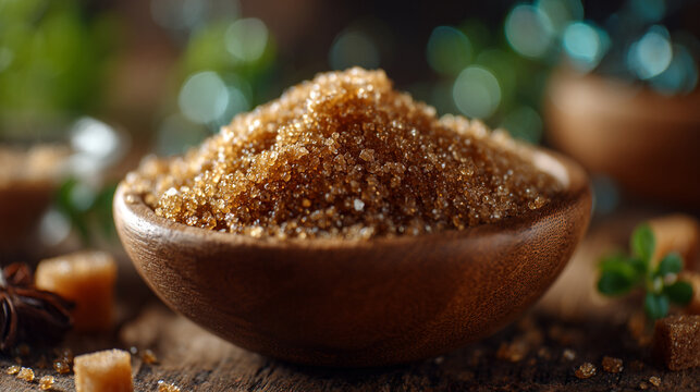 Rich brown sugar crystals in a wooden bowl with warm rustic kitchen ambiance and soft glowing light