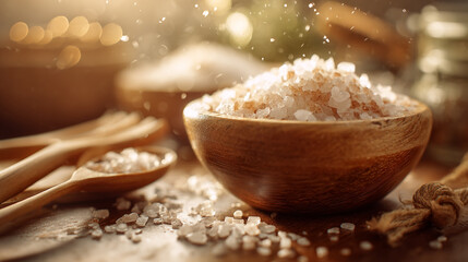 Himalayan pink salt crystals in rustic wooden bowl under warm natural light