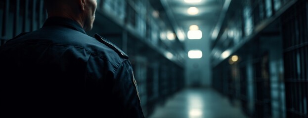 Police officer standing in prison hallway observing the environment  